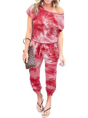 Women's Tie Die Red Summer Dressy Outfits Off The Shoulder Imported Romper